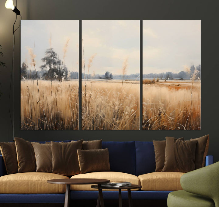 A Wildflower Field Landscape Oil Painting, showcasing a vintage art print of a serene field with tall grasses and distant trees, is beautifully presented on museum-quality canvases with gallery-wrapped edges.