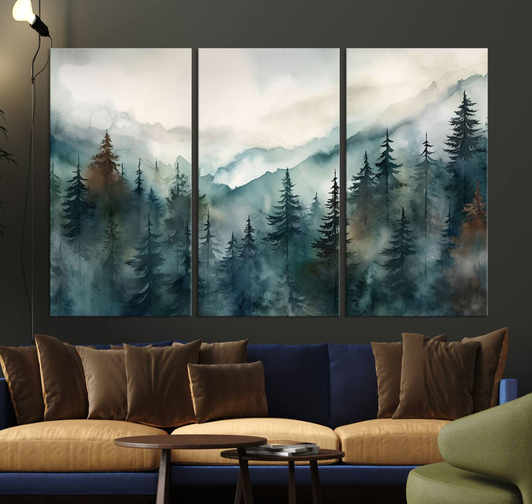 A set of Serenity Forest Wall Art Canvas prints, showcasing foggy mountain landscapes, is displayed in the living room.