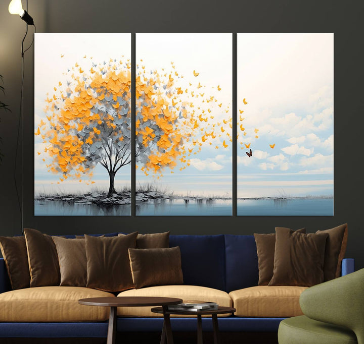 A Butterfly Tree Wall Art Canvas, featuring a modern tree adorned with yellow butterflies, decorates the wall.