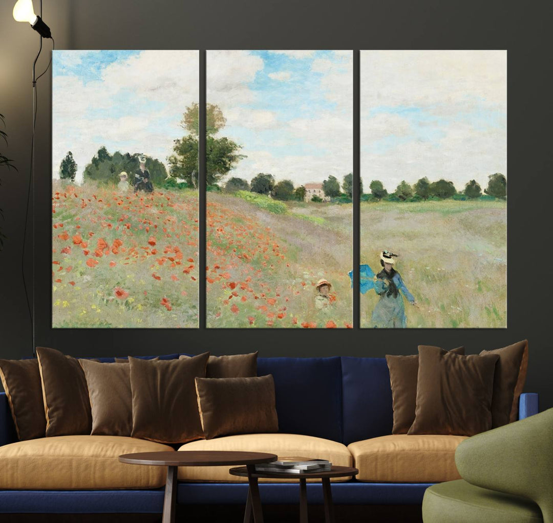 The Claude Monet The Poppy Field Canvas Print features a scene of a serene meadow with blooming flowers and a woman and child. It is printed on museum-quality canvas with UV-protective coating.