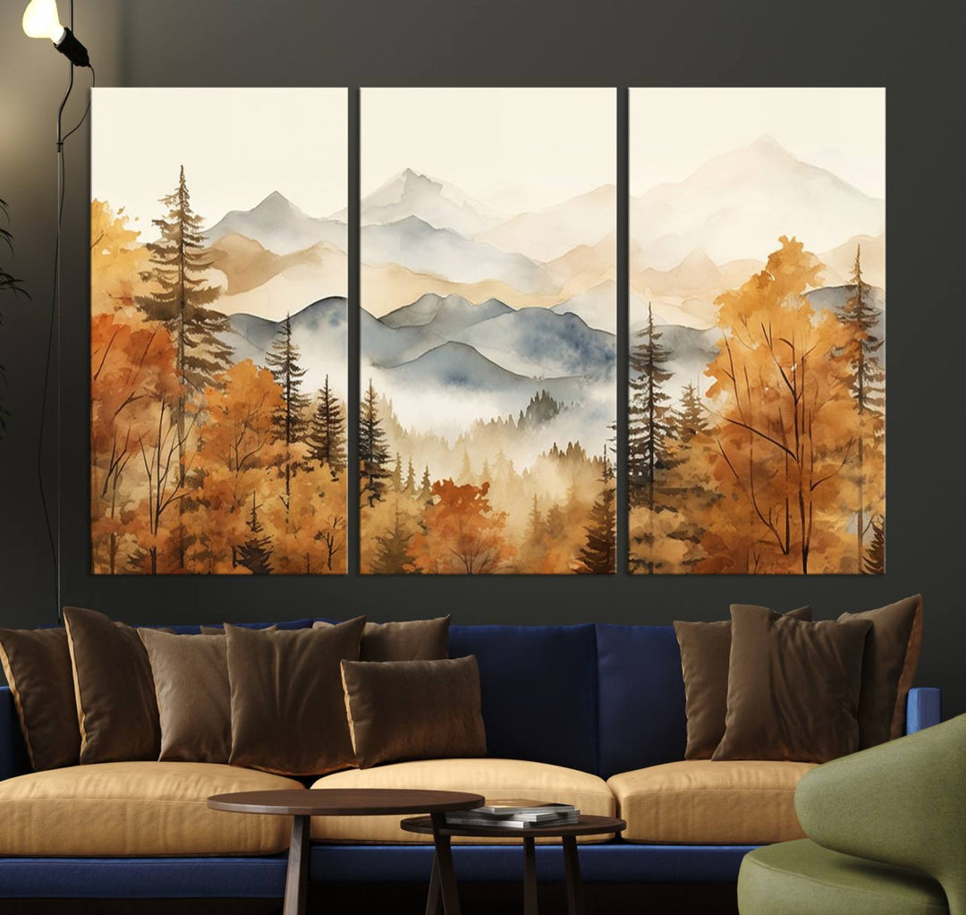 Abstract Mountain Mist Canvas Wall Art – Tranquil Autumn Forest and Misty Peaks - Ready to Hang