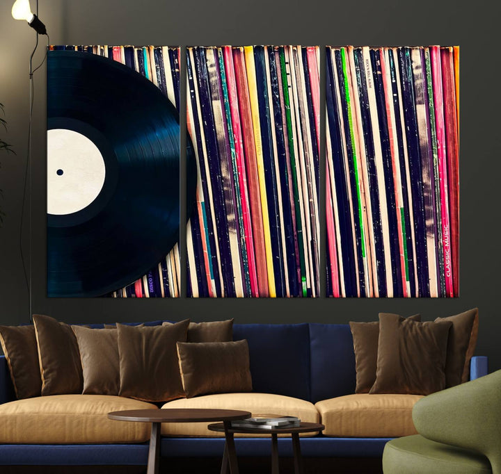 The room showcases the "Vinyl Record and Album Collection Canvas Wall Art," a perfect retro music decor piece for vintage vinyl lovers.