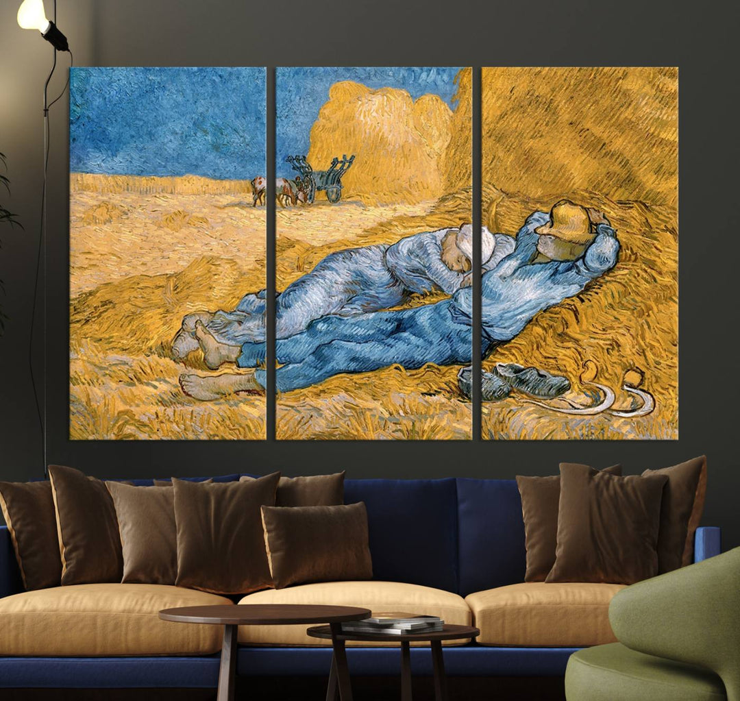 The Master Artist Vincent Van Gogh Nature Wilderness Illustrs Fine Art Canvas Print, featuring a triptych of Van Gogh's Noon Rest showing two farm workers relaxing on hay bales under a vibrant blue sky, is now available on museum-quality canvas with UV-protective coating.