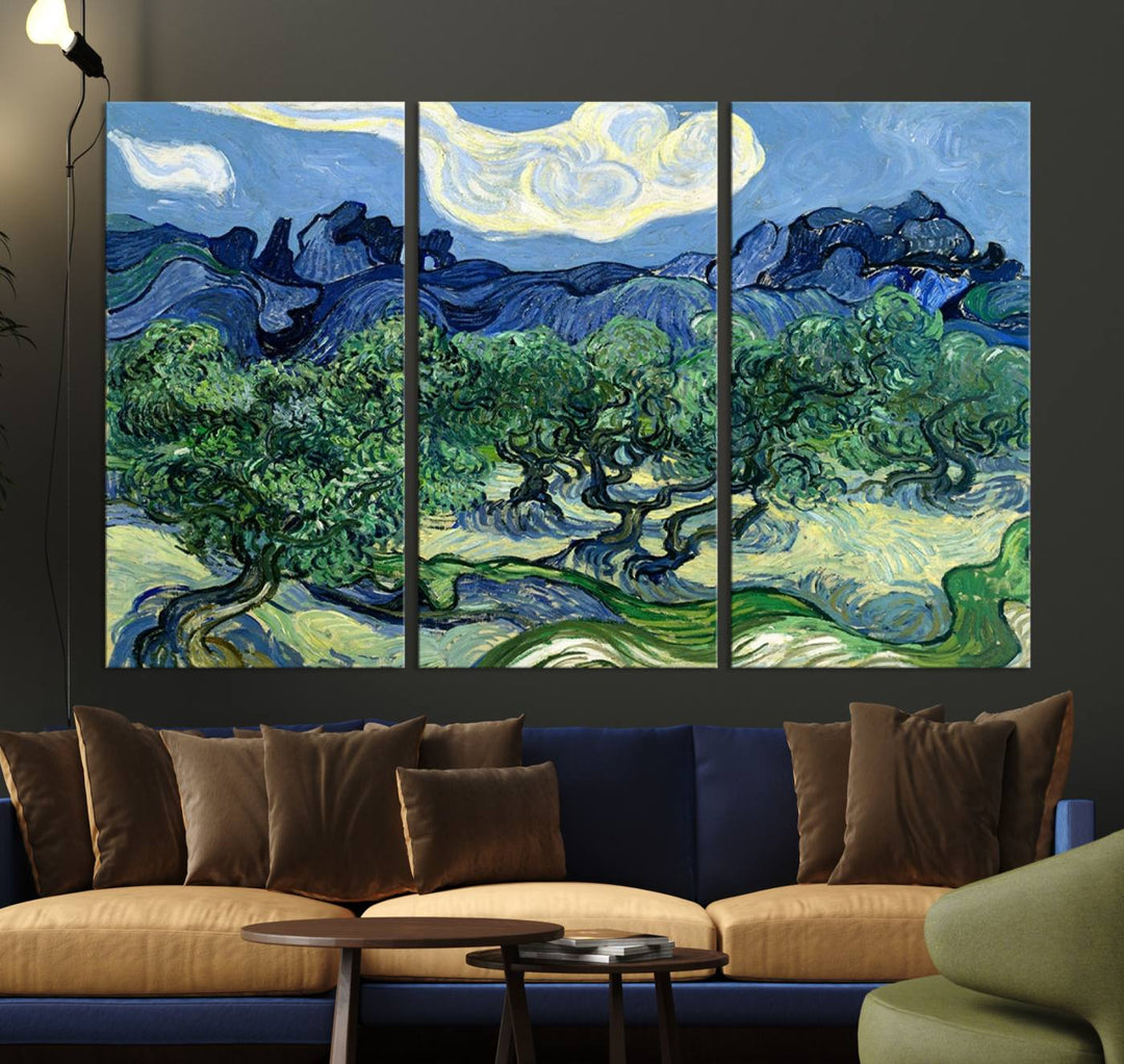 The Olive Trees Van Gogh Wall Art Canvas Print enhances the living room with its vivid landscape on museum-quality canvas, complete with a UV-protective coating.