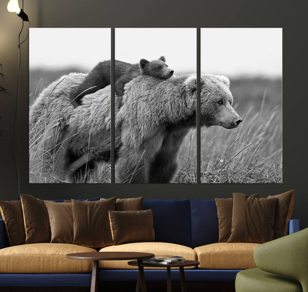 Baby Bear and Mom Bear Family Black & White Canvas Print Wall Art Canvas