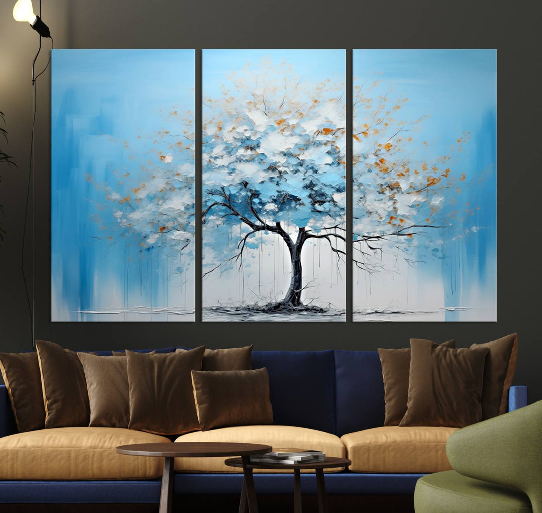 Modern living room featuring the Large Blue Abstract Tree Wall Art Canvas Printing. Enjoy the elegance with free shipping.