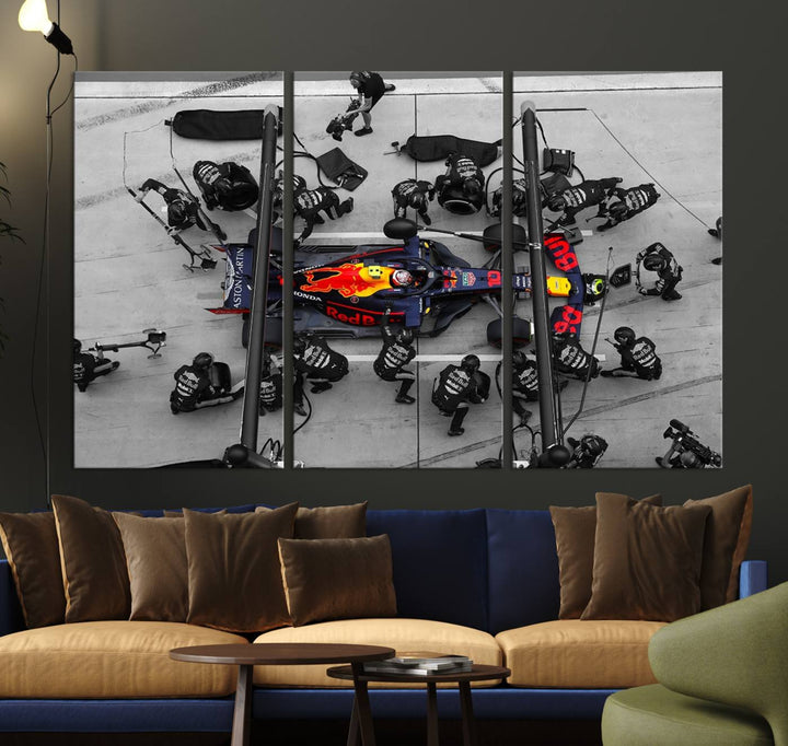 The RedBull Formula 1 Canvas Wall Art Print, a set of three gallery-quality pieces, elegantly adorns the wall.