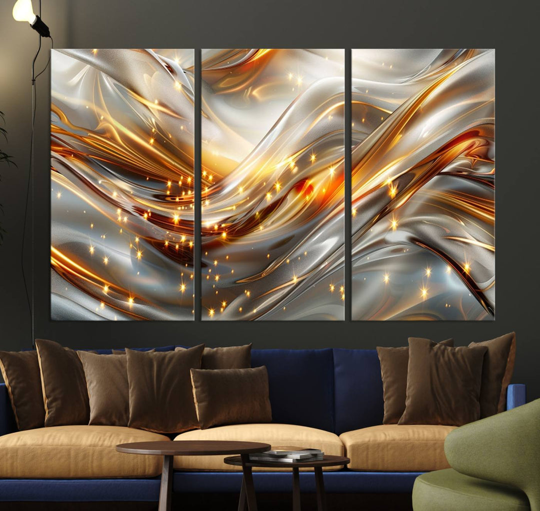 The Elegant Modern Gold Abstract Wall Art - Premium Framed Canvas Print for Home & Office Decor showcases a captivating triptych with swirling metallic designs and golden sparkles, perfectly enhancing contemporary interiors.