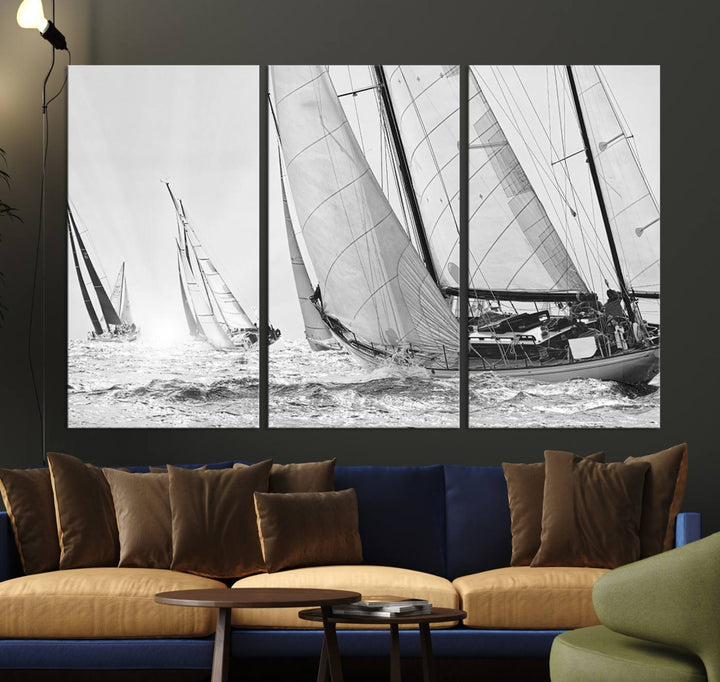 Impresión de velero Yacht Regatta lienzo pared arte Yate decoración de la pared Seascape Art Sailing Ship Negro Blanco extra grande arte de la pared Sailing Regatta