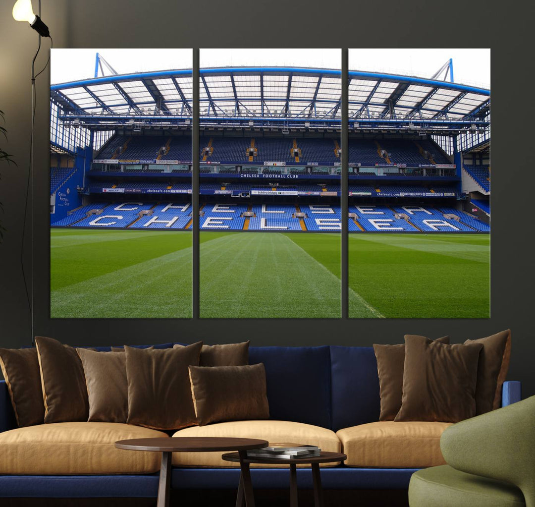 The Chelsea FC Soccer Team Print - Stamford Bridge Stadium Wall Art Canvas Print hangs elegantly, bringing the thrill of the game into your living room.