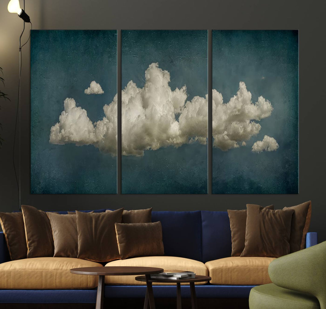 The Vintage Green Clouds Wall Art Canvas Print, set against a teal backdrop, showcases breathtaking canvas artwork with a gallery-quality finish.