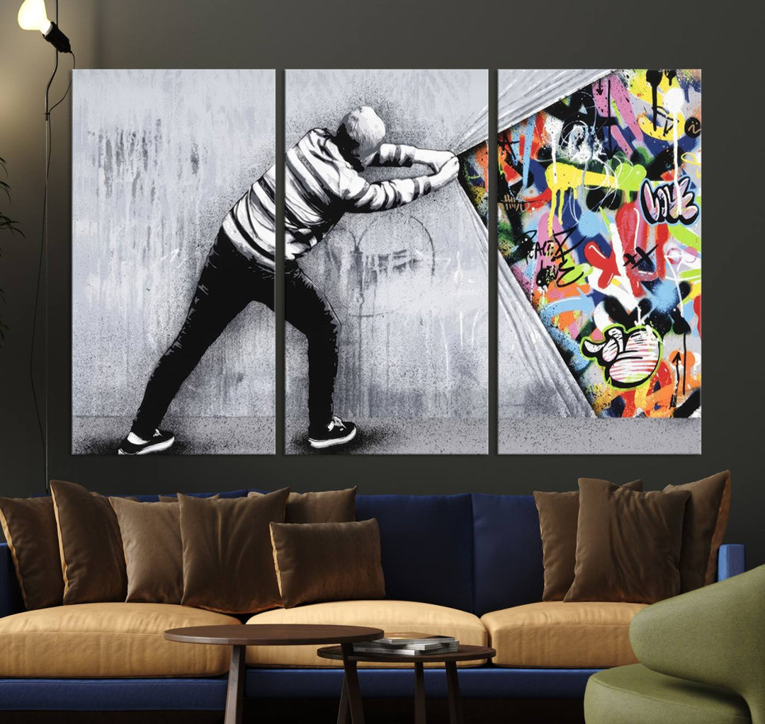 Behind the Curtain Street Art Canvas | 3-Panel Urban Graffiti-Inspired Wall Art for Living Room or Office