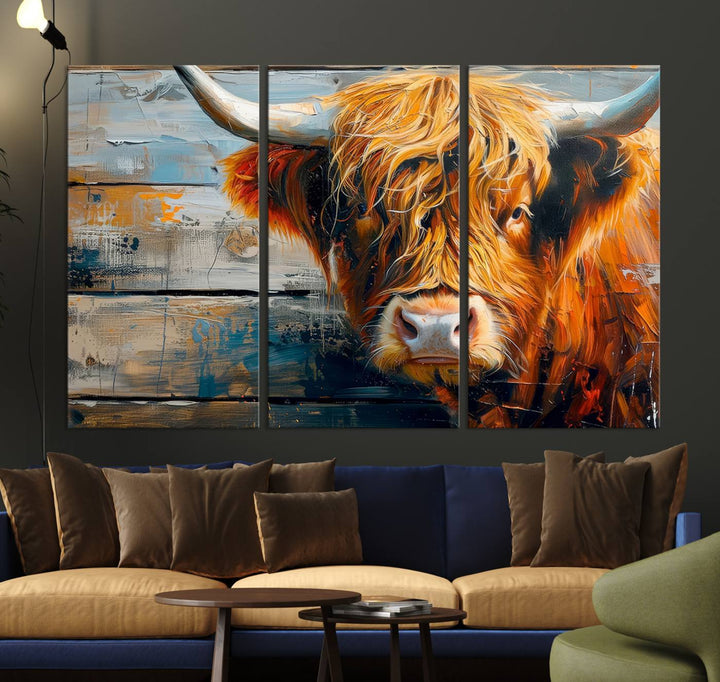 The Highland Cow Abstract Canvas Wall Art, a bold piece of farmhouse rustic decor, adds charm to the modern living room.