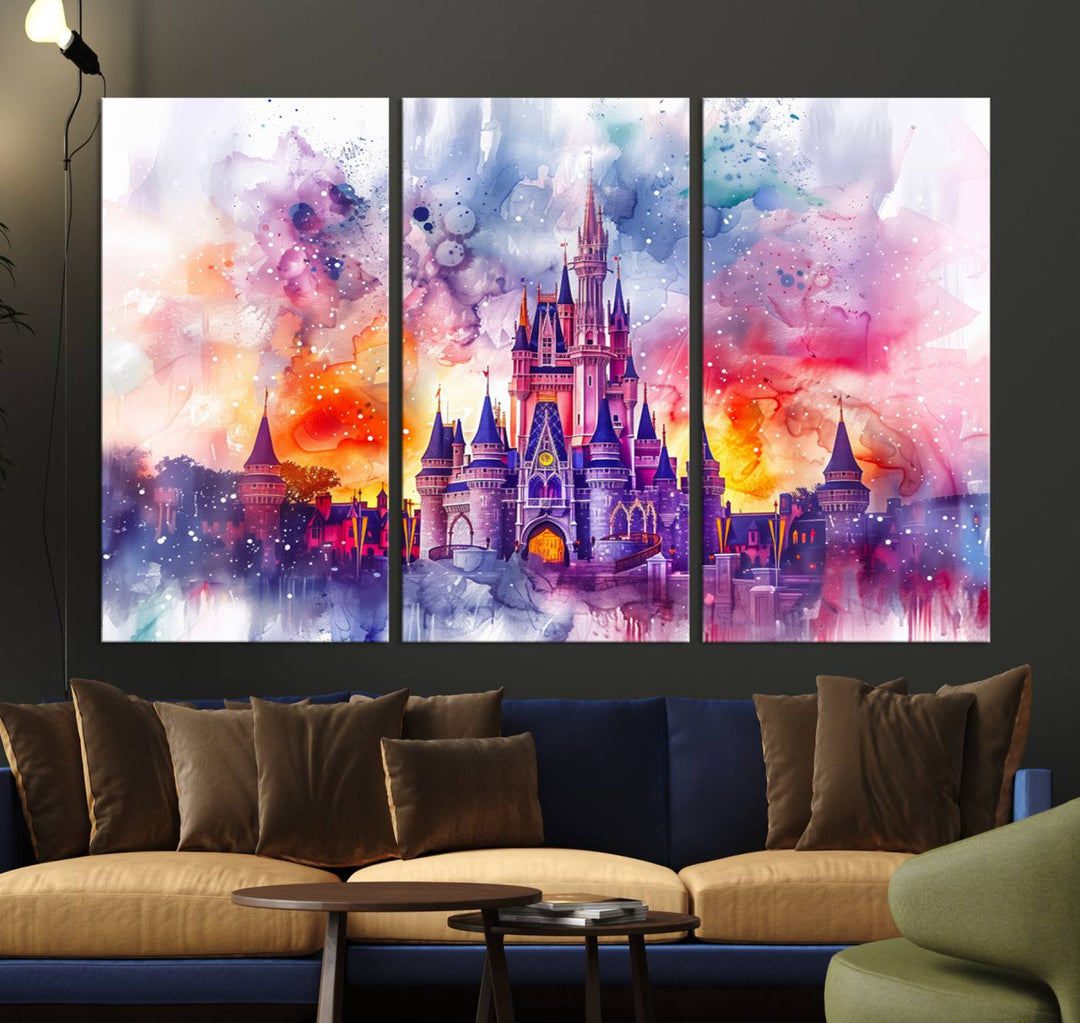 A vibrant piece of wall art depicting the Cinderella Castle from Disneyland, presented as a watercolor painting on premium canvas, is displayed.