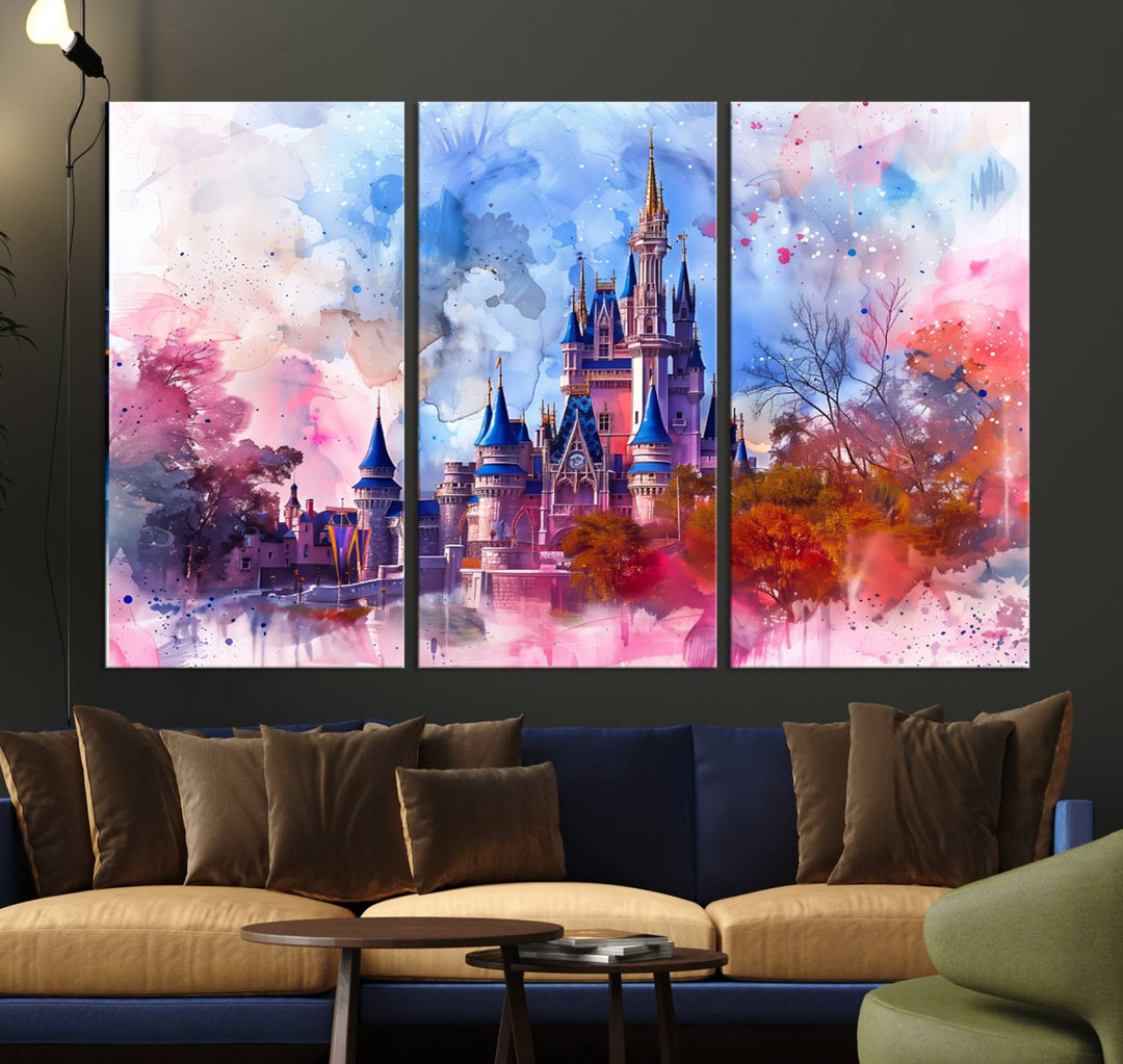 The Disney Wall Art: Dreamy Watercolor Cinderella Castle Canvas Print features a fairy-tale castle with vibrant pink, blue, and purple hues. Expertly handmade in the USA, this premium canvas wall art adds a touch of enchantment to any room.