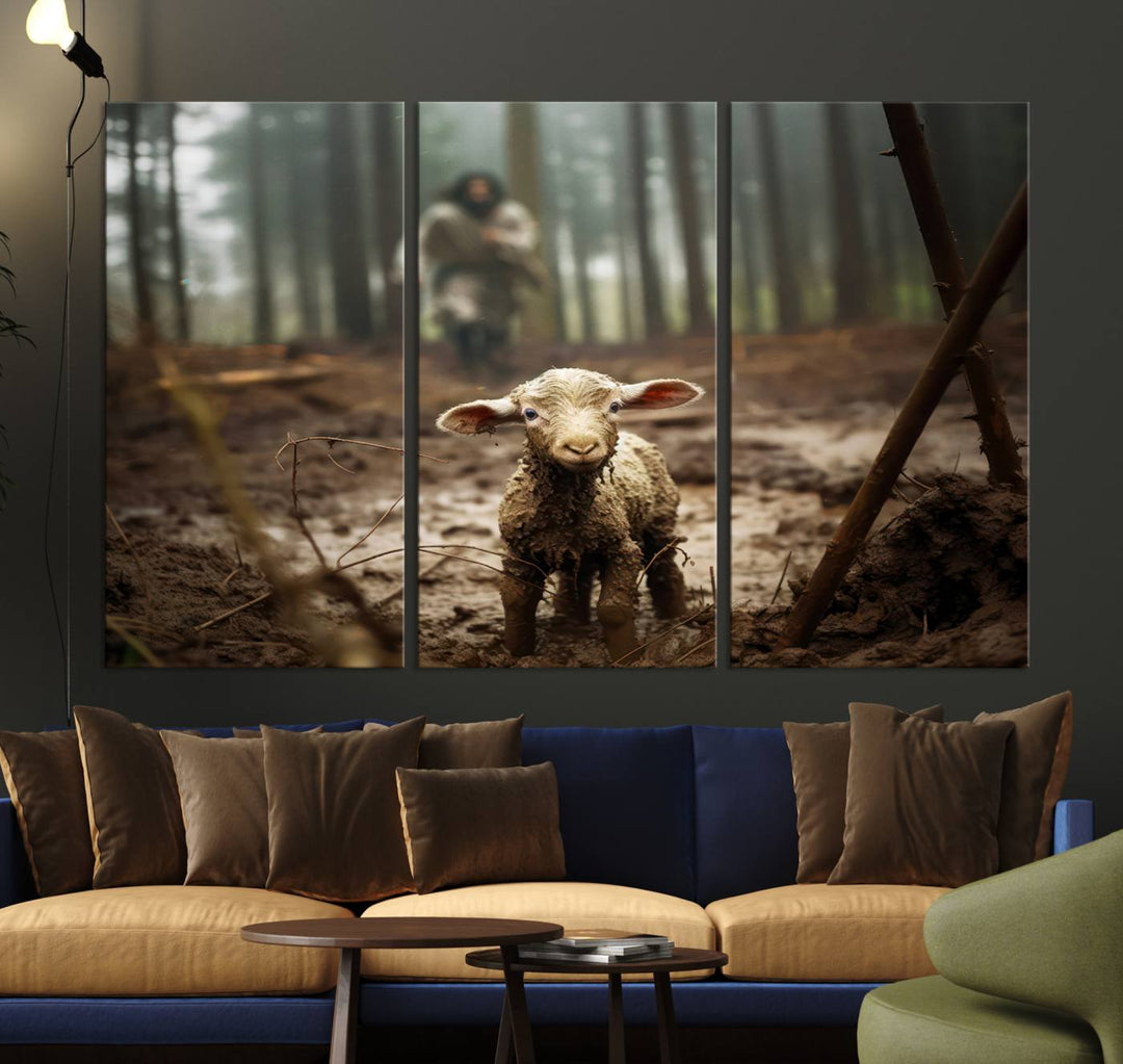 Jesus Running After a Lost Lamb Canvas Wall Art Print