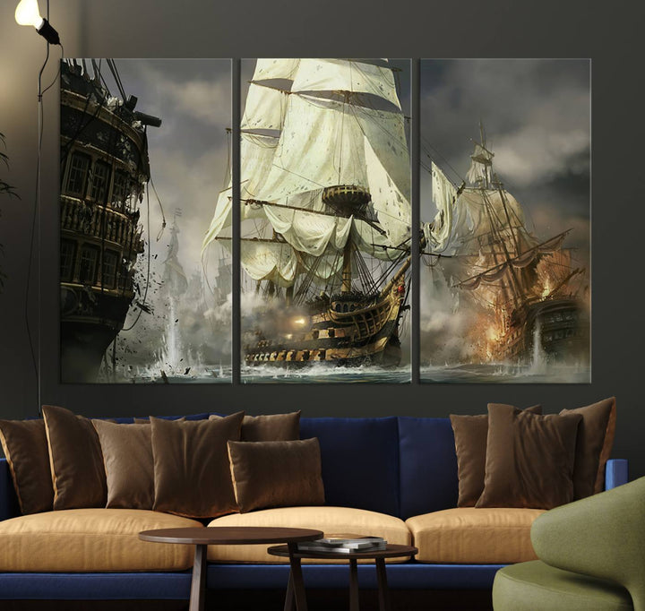 The Pirate Ship War Wall Art Canvas Print, featuring a stunning three-panel depiction of an intense sea battle with tall ships, boasts a gallery-quality finish that adds an elegant touch to its display.