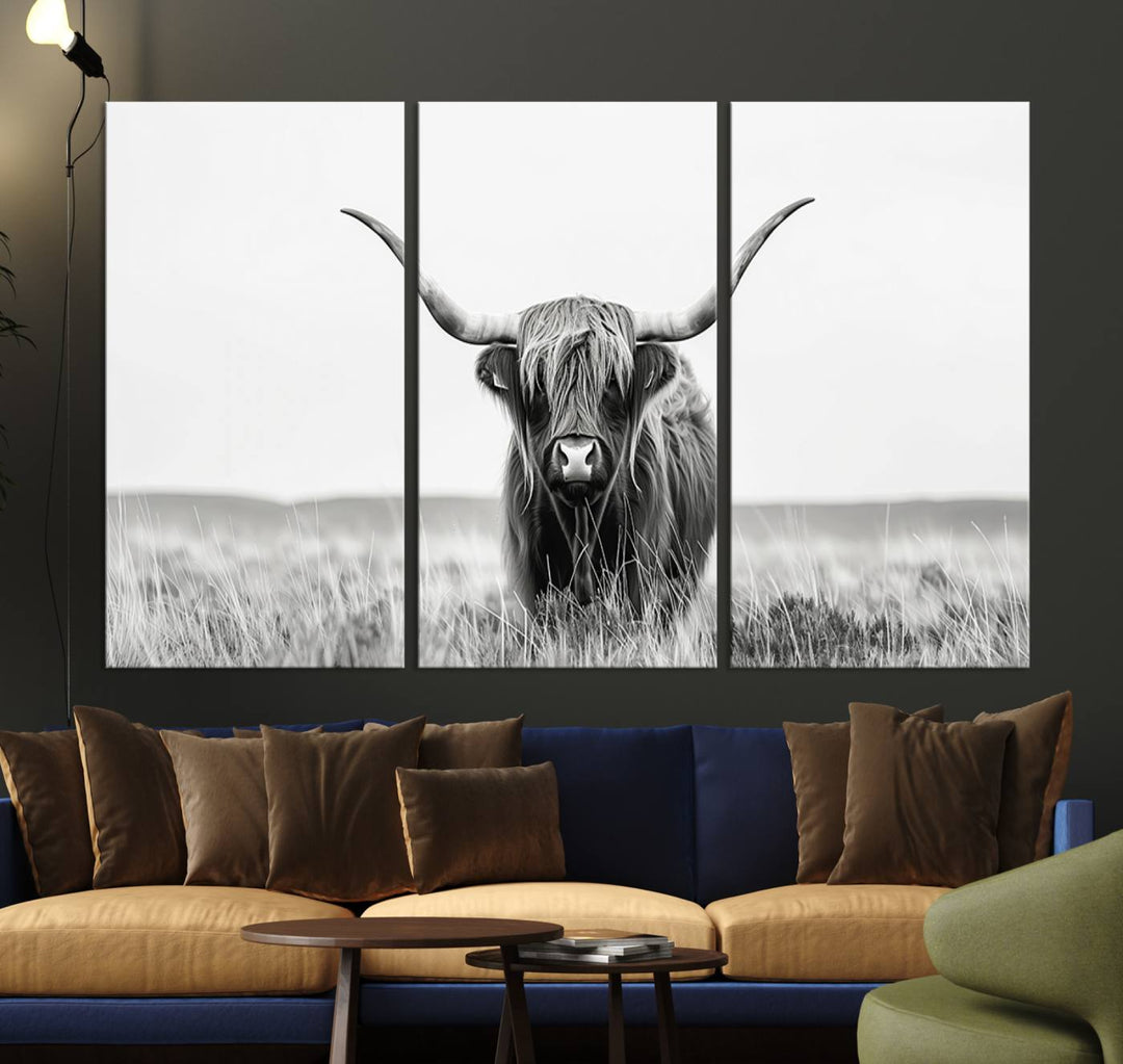 The living room is enhanced by a stunning three-panel Longhorn Wall Art Canvas Print. This museum-quality piece of Texas Longhorn Art comes on a gallery-wrapped canvas with a UV-protective coating to keep it vibrant under everyday light exposure.