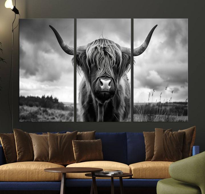 A stunning gallery-quality piece, the "Scottish Cow Wall Art Canvas Print | Longhorn Wall Art | Bighorn Animal Wall Art," depicts a Highland cow with long horns and shaggy fur. This captivating wall art elegantly enhances the space.