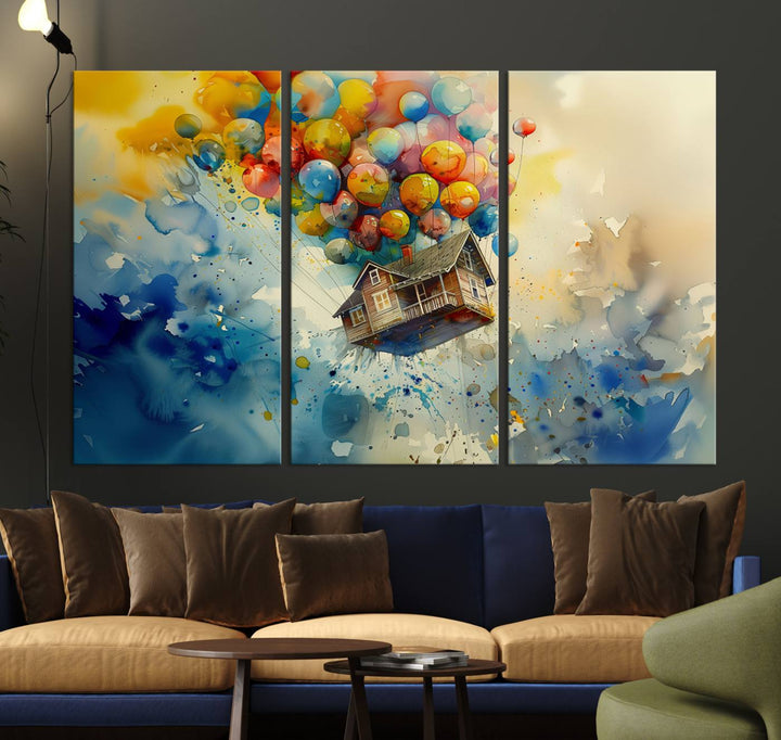 The Cartoon Movie Wall Art Canvas Print, featuring a vibrant house lifted by balloons and split across three panels, serves as captivating wall art. Handmade in the USA, it adds charm and whimsy to any space.