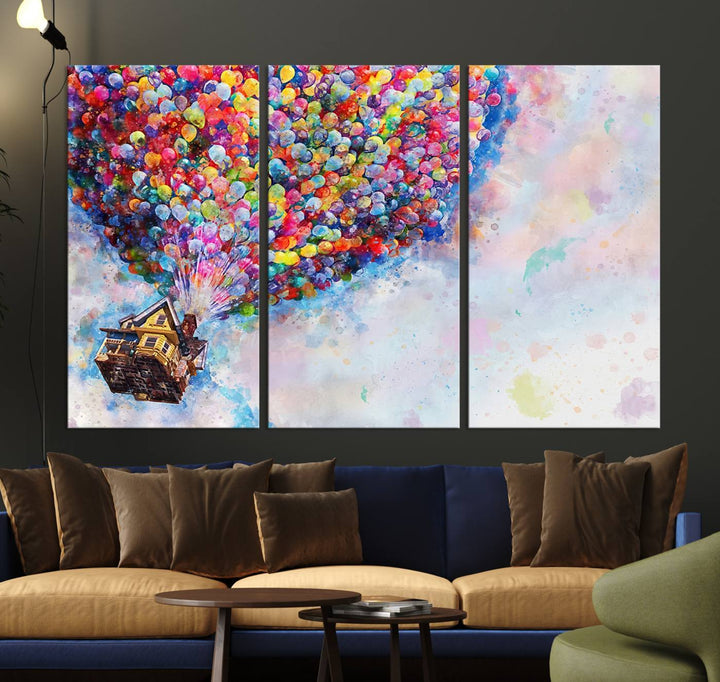 The "Watercolor Cartoon Movie Balloons Canvas Print" is showcased, depicting a whimsical house being lifted by colorful balloons. This triptych wall art is crafted on museum-quality canvases with a UV-protective coating to maintain its vibrant colors, making it ready to hang in any room.