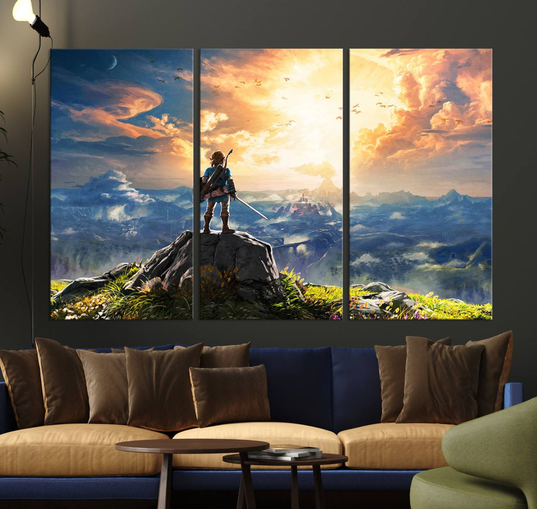 The Legend of Zelda Breath of the Wild Game Wall Art Canvas Print showcases a fantasy landscape with a character on a cliff, all rendered in gallery-quality finish on premium canvas.