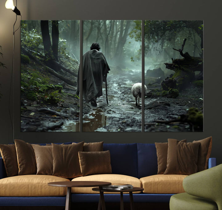 The "Forest Jesus Shepherd Canvas Wall Art" features a person with a cane, clothed in a cloak, walking beside a sheep through a misty forest. This piece captures tranquility and is ideal for adding serenity to your living room, office, or bedroom decor.