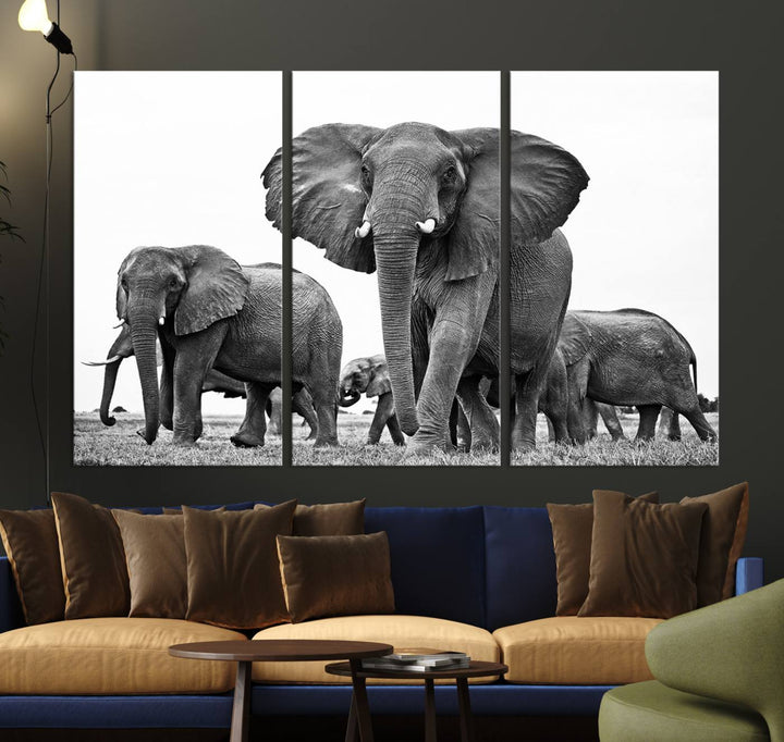 The Black White Elephant Family Wall Art Canvas Print features a triptych of elephants walking in the wild, crafted as gallery-quality wall art on premium canvas.