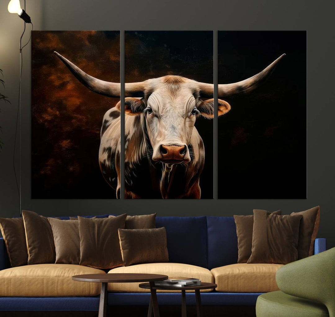 The Texas Longhorn Wall Art, a 3-panel large canvas print, infuses the room with a dash of cowboy charm.