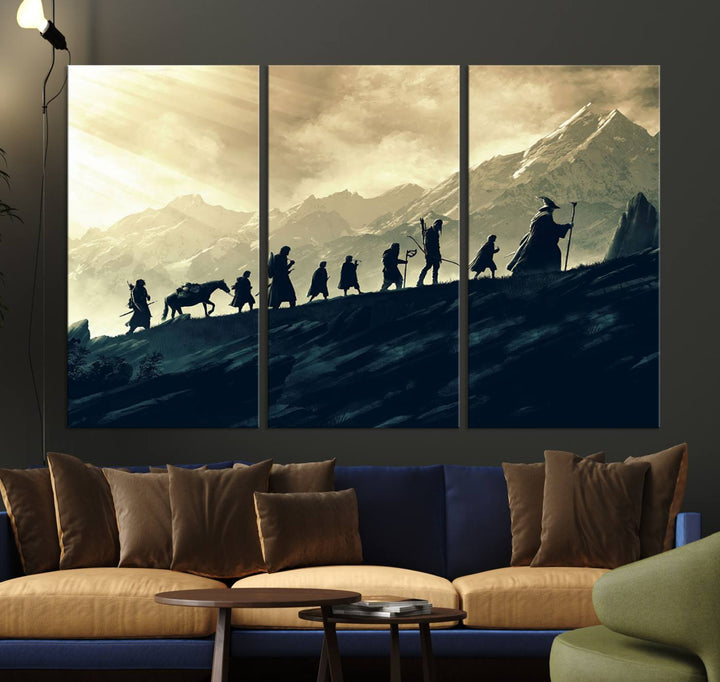 A canvas print titled "Lord of the Rings Silhouette Wall Art Capturing the Epic Quest Through Middle-Earth - The Fellowship's Journey" is displayed.