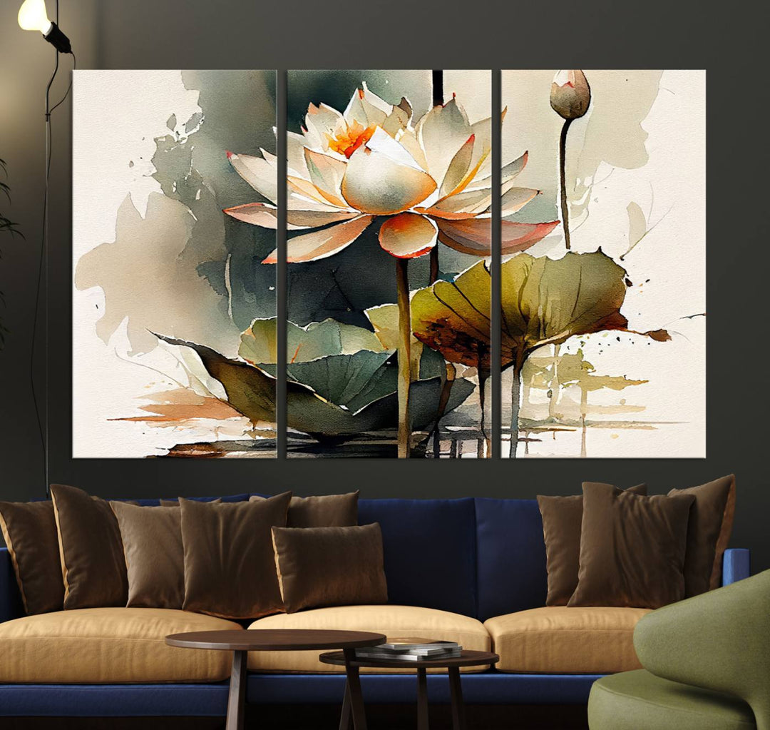 The Lotus Flower Watercolor Canvas Print, a contemporary wall art piece symbolizing serenity and growth with its soft watercolors, adorns the wall.