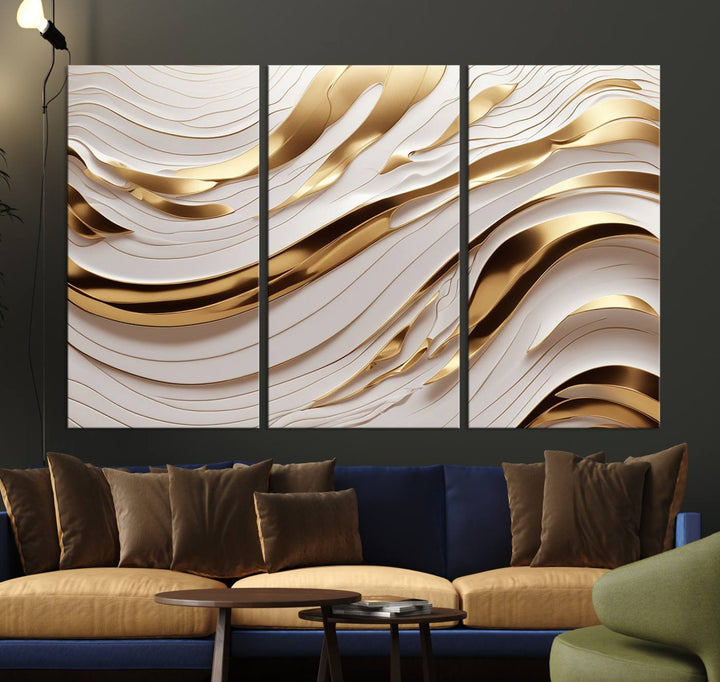 The "Gold and White Abstract Wave Canvas – Elegant Flowing Design with Luxurious Golden Accents" beautifully enhances the area and creates a stunning focal point in the room.