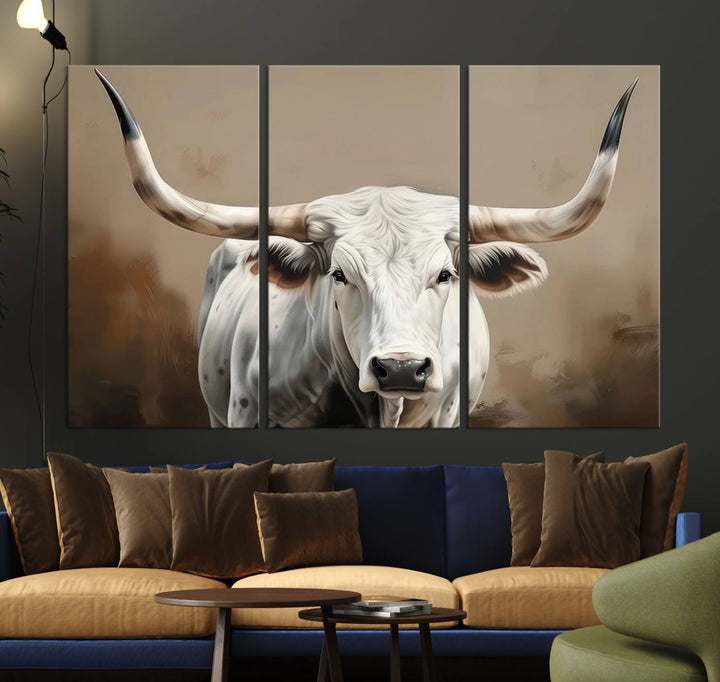 Texas Longhorn Canvas Wall Art features a triptych design on premium canvas with a gallery-quality finish.