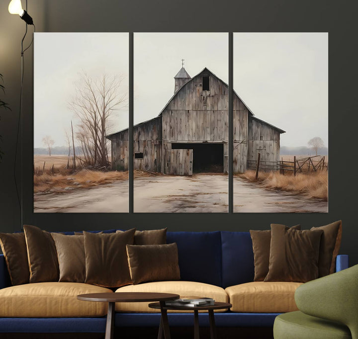 A framed and ready-to-hang Farmhouse Rustic Barn Wall Art Canvas Print is displayed against a gray wall. This stylish modern living room seamlessly combines rural life wall décor with contemporary comfort.