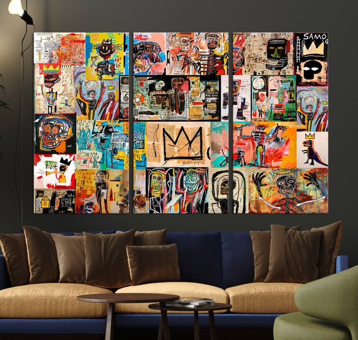 A vibrant Basquiat Art Collage Wall Art Canvas Print in an urban graffiti style adds a modern artistic flair.