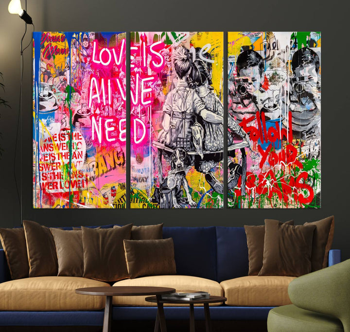 A vivid display of the "Follow Your Dreams & Love is All We Need" graffiti street art energizes a modern room with its three-panel arrangement. This bold giclee canvas print infuses any contemporary space with dynamic flair.