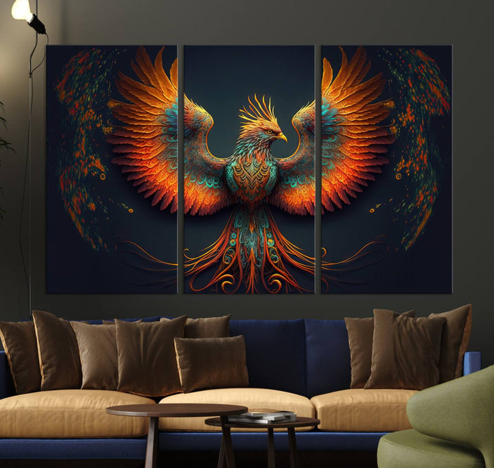 The Majestic Phoenix Wall Art Canvas Set, a fiery symbol of rebirth and strength, graces the wall.