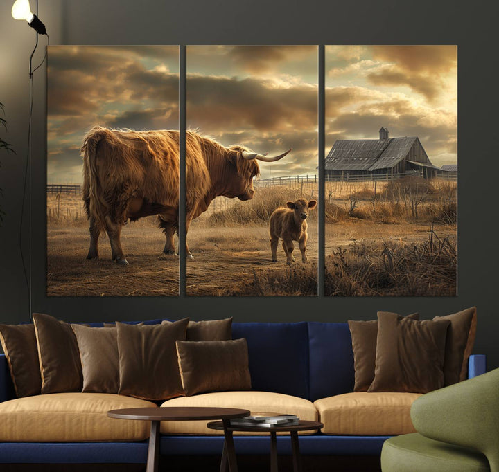 The living room features the "Highland Cow Canvas Wall Art Animal Print Pictures Fluffy Cattle Art," which captures a cow and calf in a rural sunset scene, adding gallery-quality charm.