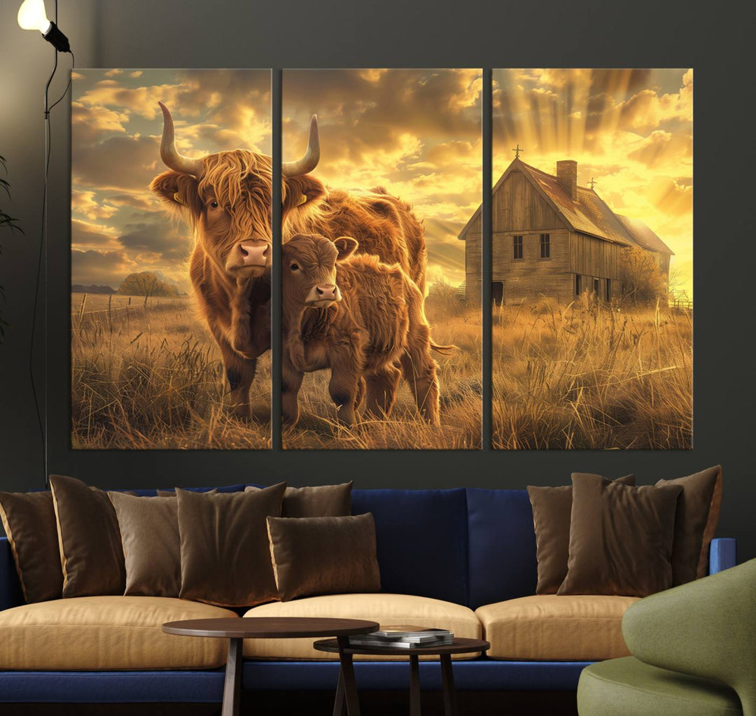 The room features the Barn and Highland Cow Canvas Wall Art Animal Print, a three-panel canvas depicting cows in a sunset field with a rustic barn backdrop. This handmade piece brings charm and character with its gallery-quality finish.