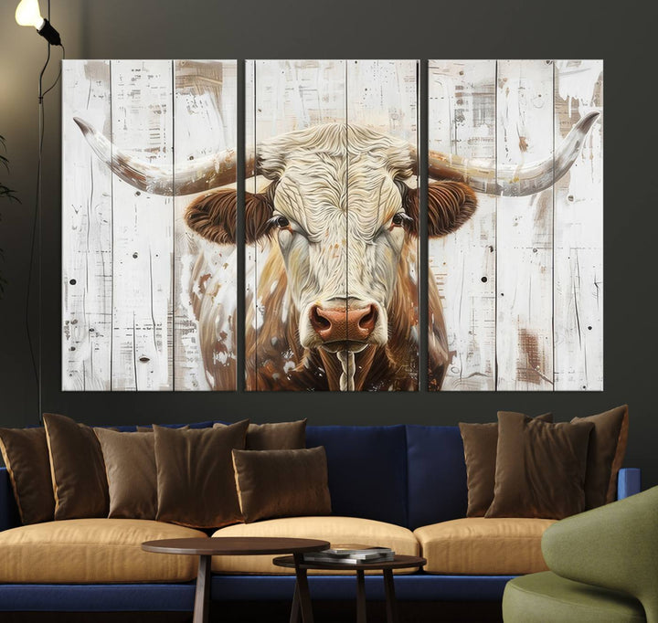 The dimly lit room is enhanced with Western charm by the Rustic Longhorn Bull Wall Art Canvas Set—Western-Inspired Farmhouse Décor, elegantly displayed on the wall.