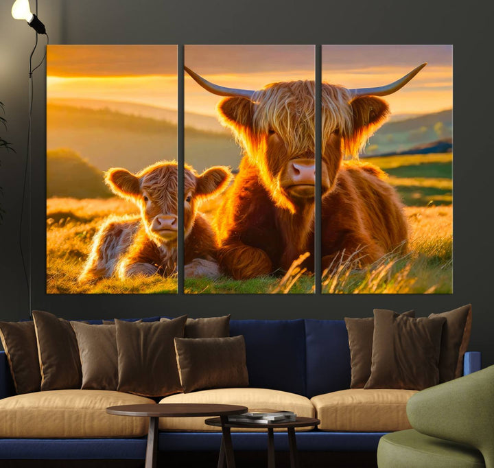 The living room showcases a gallery-quality finish with the Scottish Cow and Baby Cow Canvas Wall Art, featuring a charming animal print of fluffy cattle as the centerpiece. This stunning piece is displayed on premium canvas, creating an inviting atmosphere.