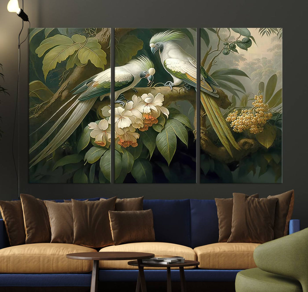 Crafted in the USA, this Tropical Paradise Print wall art features a stunning parrot amidst a lush forest and beautiful flowers.