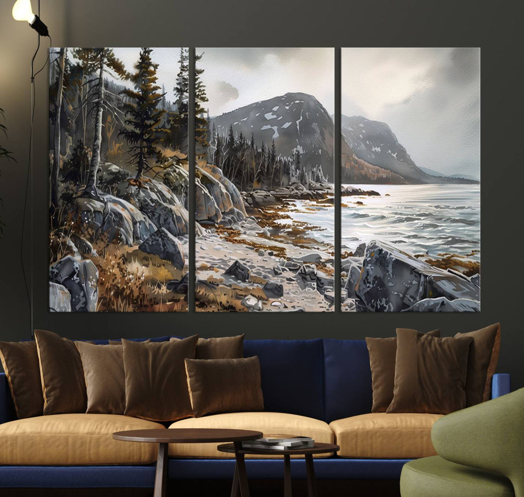 The stunning Serene Coastal View of Acadia National Park is a 3-panel wall art canvas print that beautifully captures a tranquil mountain and lake scene.