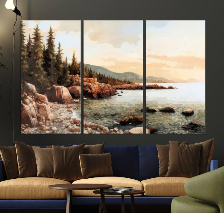 Serene Coastal View of Acadia National Park - Stunning 3-Panel Wall Art Canvas Print, Framed, Ready to Hang