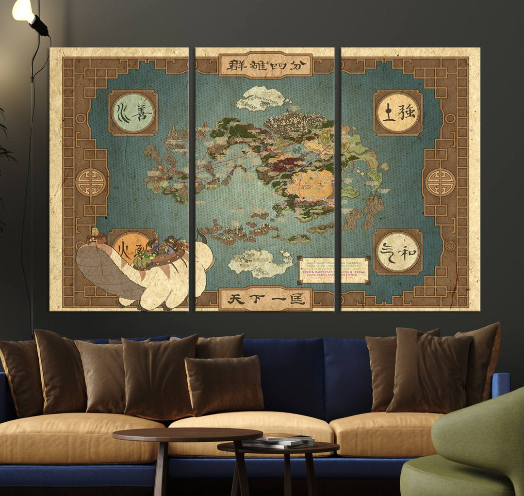 Hanging above is the Avatar: The Last Airbender Vintage Map - Wall Art Canvas Print, framed and ready to hang, showcasing an enchanting glimpse into the iconic four nations design.