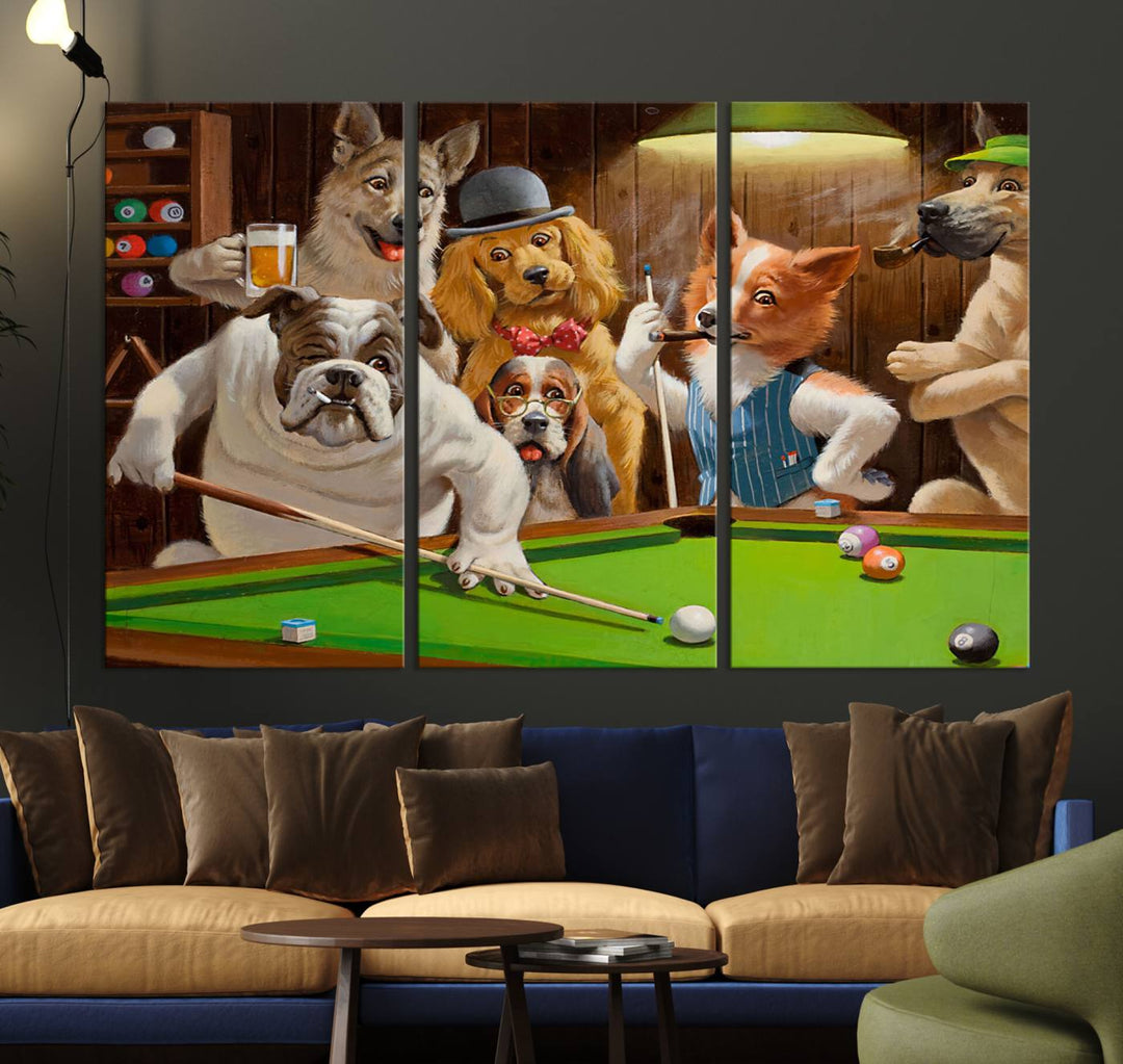 The "Dogs Playing Pool Canvas Wall Art" features a whimsical scene of dogs dressed as humans playing pool in a bar, presented as a three-panel display with a gallery-quality finish.