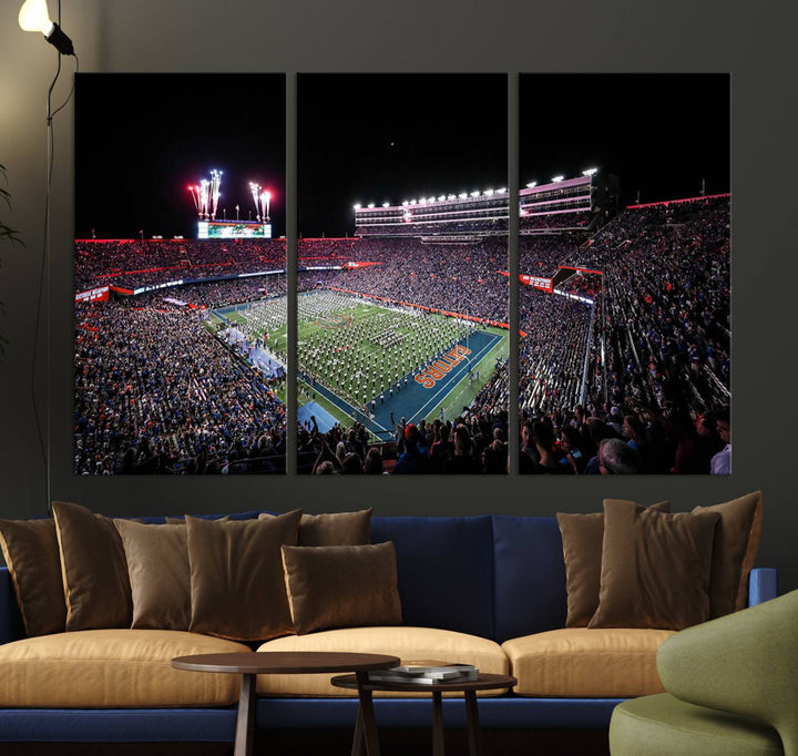 Ben Hill Griffin Stadium Night Game Triple Canvas Wall Art - Florida Gators Football Match