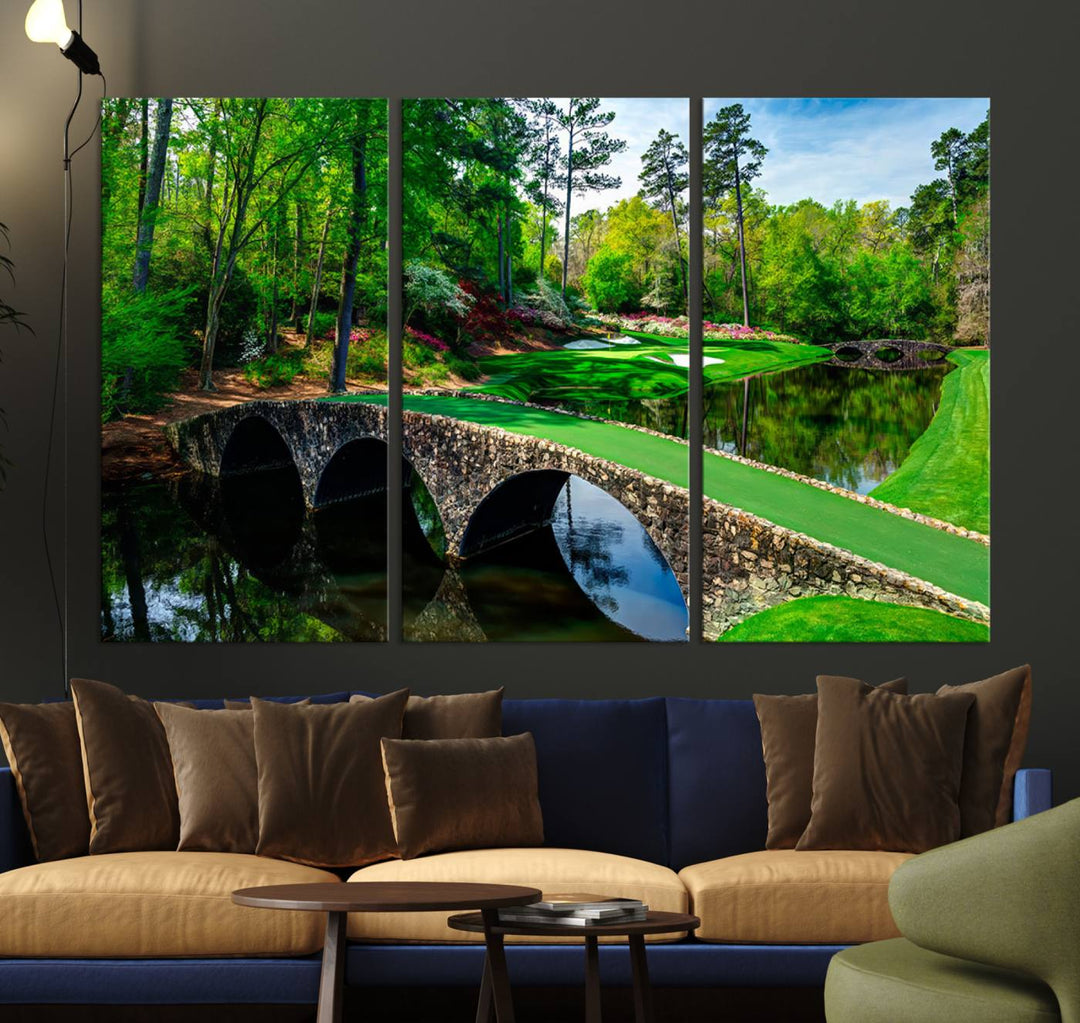 Augusta National Golf Club Wall Art - Panoramic Bridge & Lush Greenery – Premium Framed, Ready-to-Hang Triptych Canvas