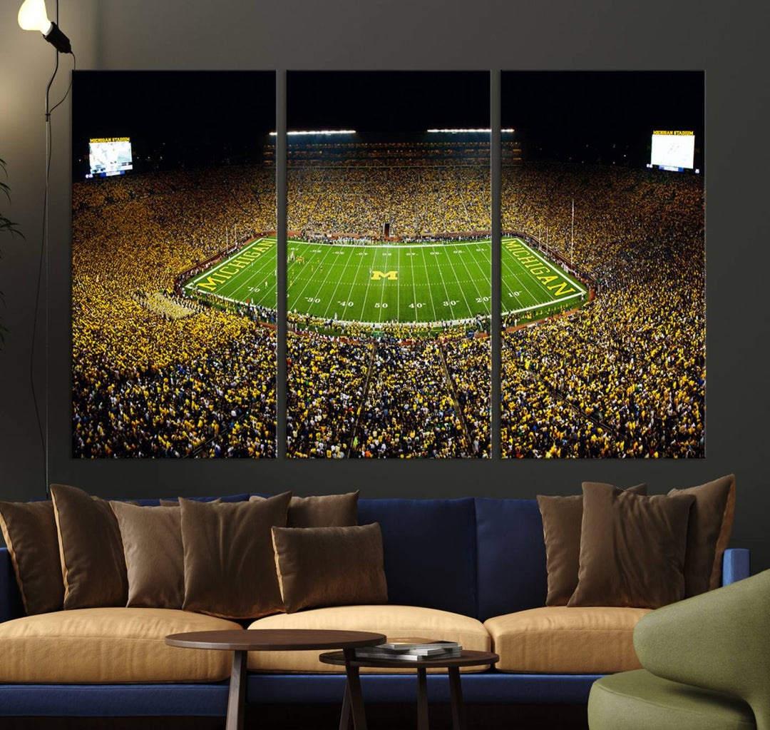 Michigan Wolverines Football Team Print - Michigan Stadium Night Game Triple Canvas Wall Art - University of Michigan Football Match