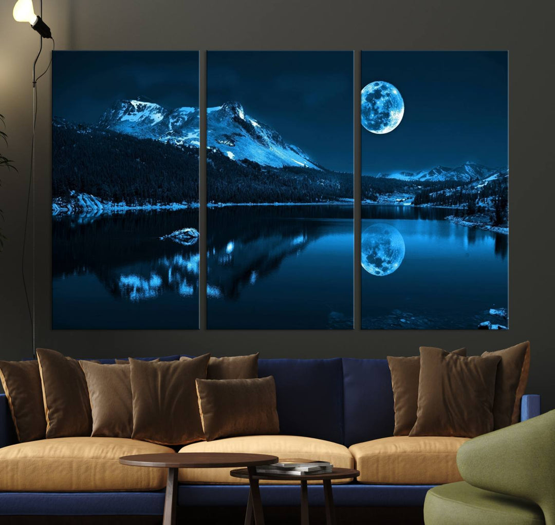 Blue Moon Mountain Lake Landscape Framed Wall Art Canvas Print